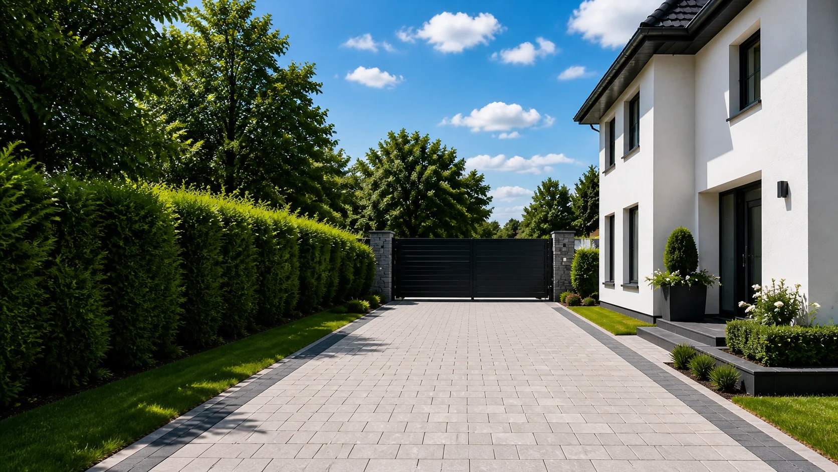 Modern gepflasterte Einfahrt mit Tor und gepflegter Außenanlage