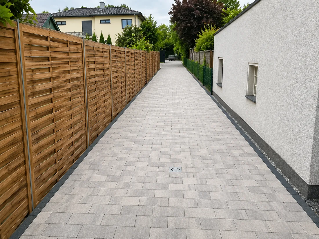 Gepflasterter Hausweg mit Holzzaun