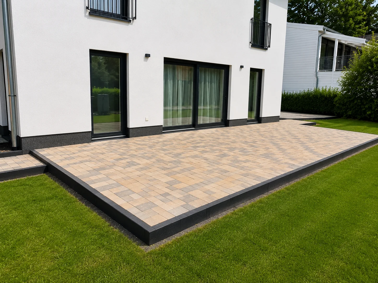 Große gepflasterte Terrasse mit dunkler Einfassung und angrenzender Rasenfläche