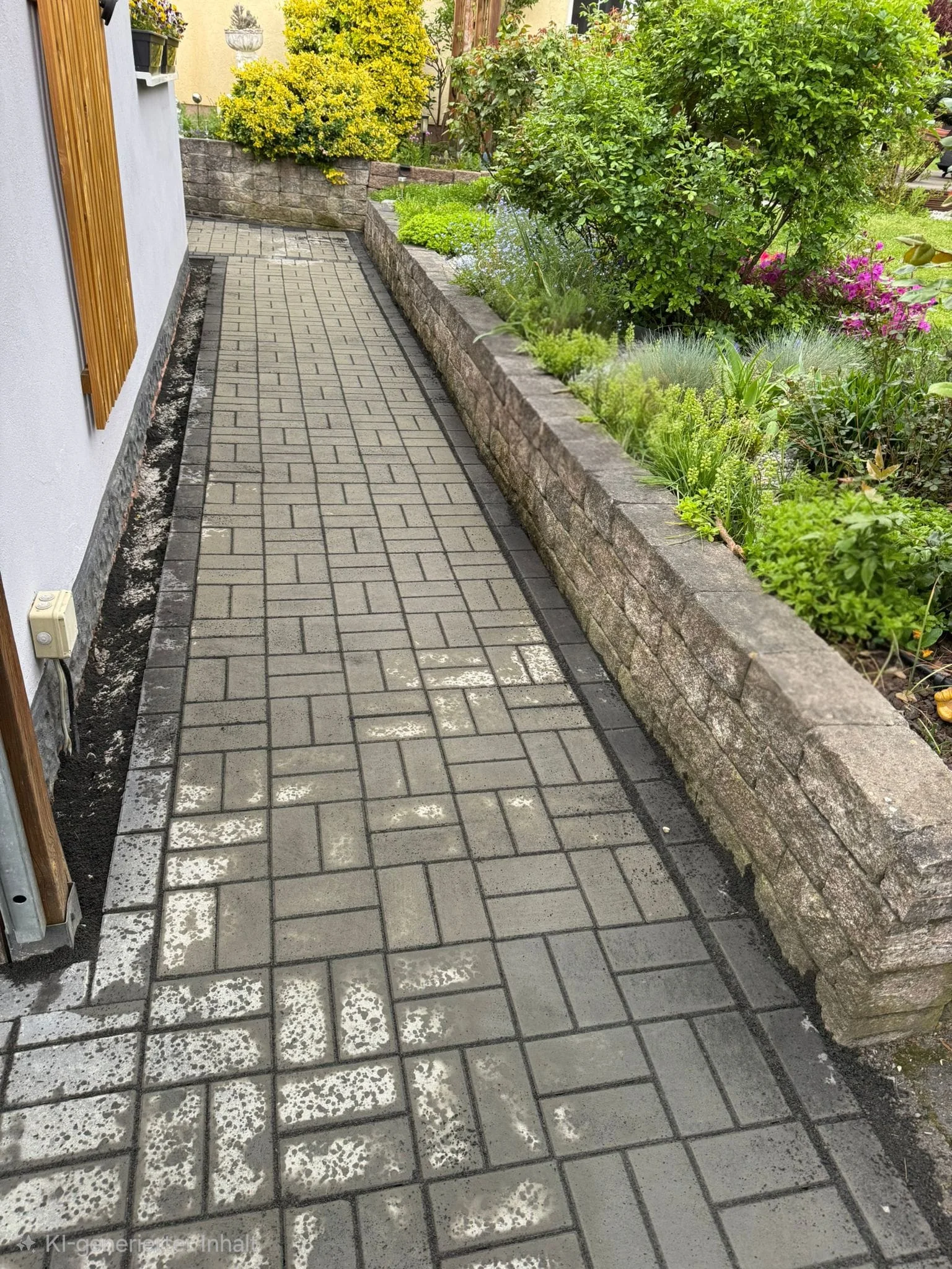 Gepflasterter Gartenweg zwischen Hauswand und bepflanzter Stützmauer